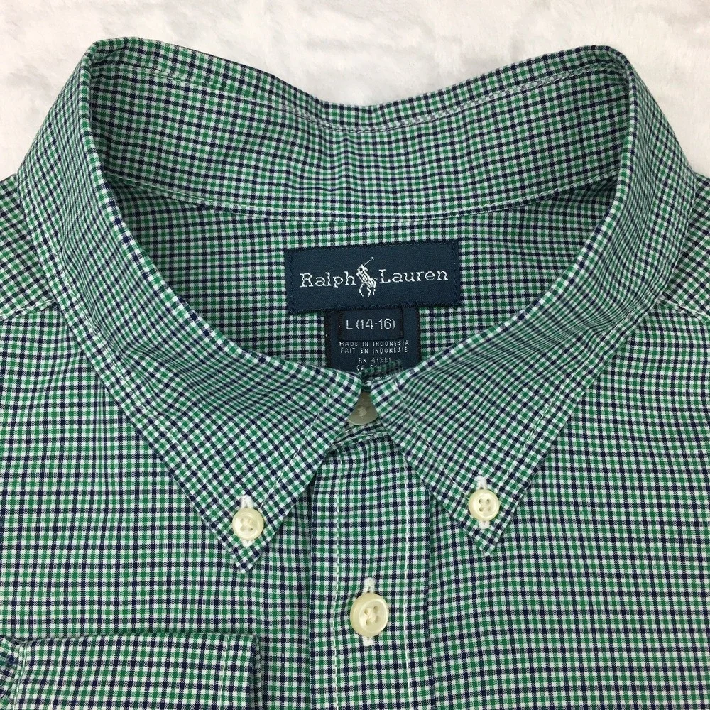 Ralph Lauren Shirt Boys Large (14-16) Green Micro-Check‎ Blue Pony
